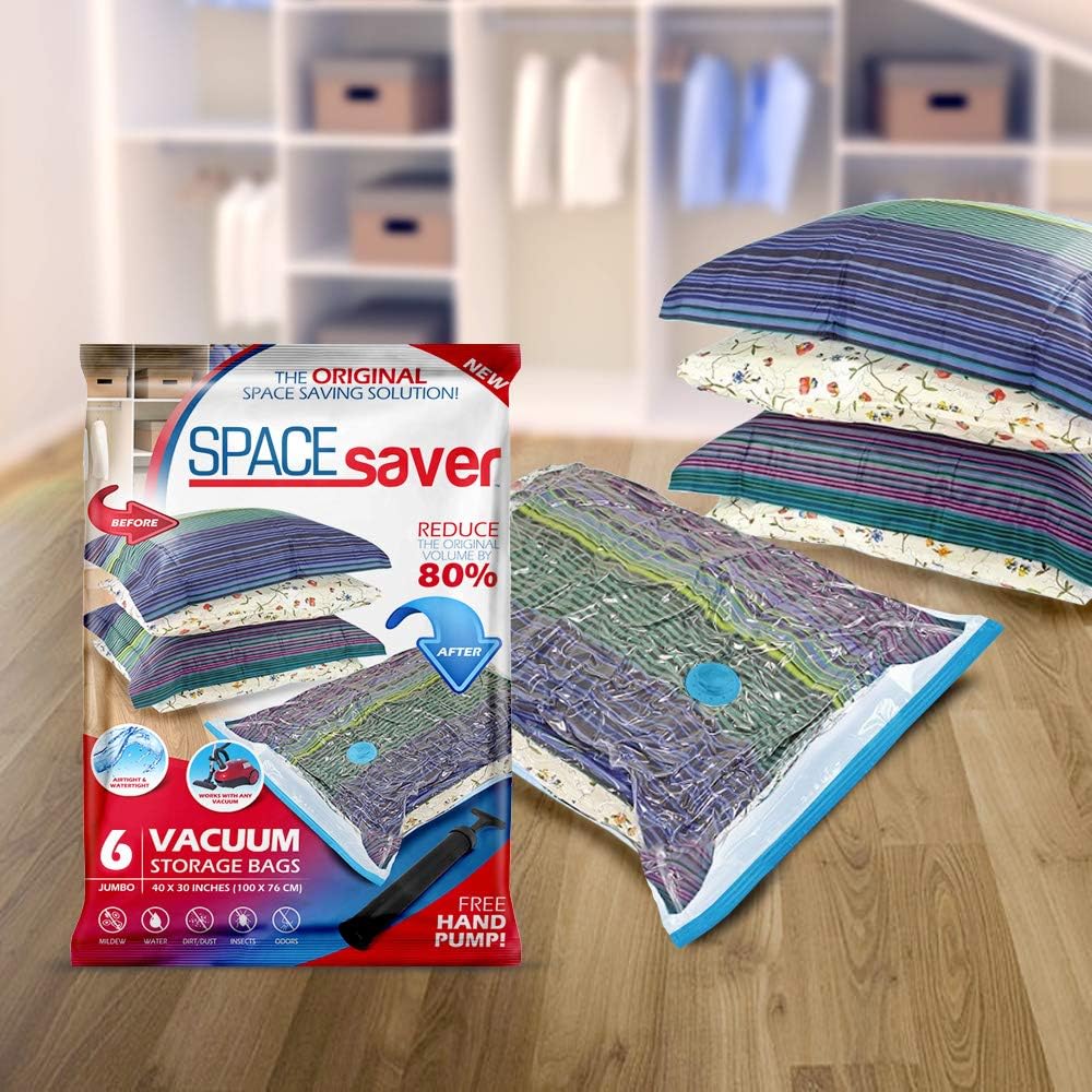 Spacesaver Premium Vacuum Storage Bags. 80% More Storage! Hand-Pump for Travel! Double-Zip Seal and Triple Seal Turbo-Valve for Max Space Saving! (Jumbo 6 Pack): Home & Kitchen