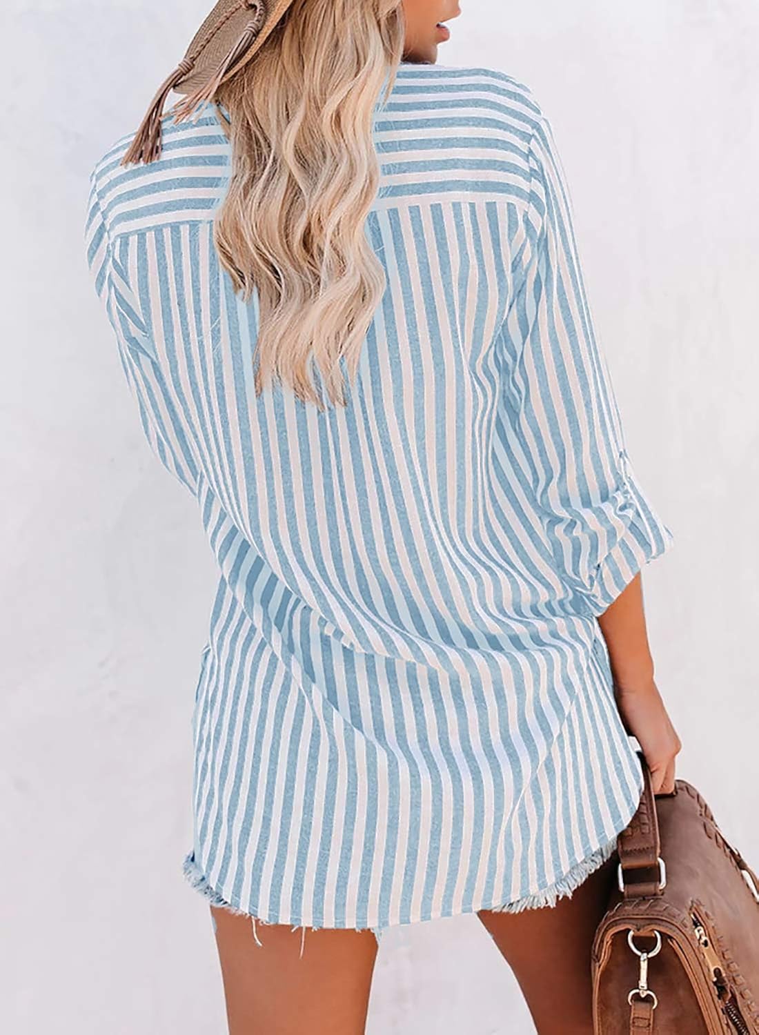 Happy Sailed Womens Casual Striped Button Down V Neck Shirt Stand Collar Long Sleeve Blouse Shirt S-2XL at  Women’s Clothing store