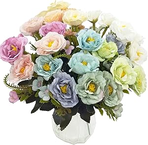 CORVYUC 5 Bundles Artificial Rose Silk Flowers Faux Fake Flower Bouquets Arrangements in Vase for Wedding Home Office Party Decor Table Centerpieces (Multi-Color)