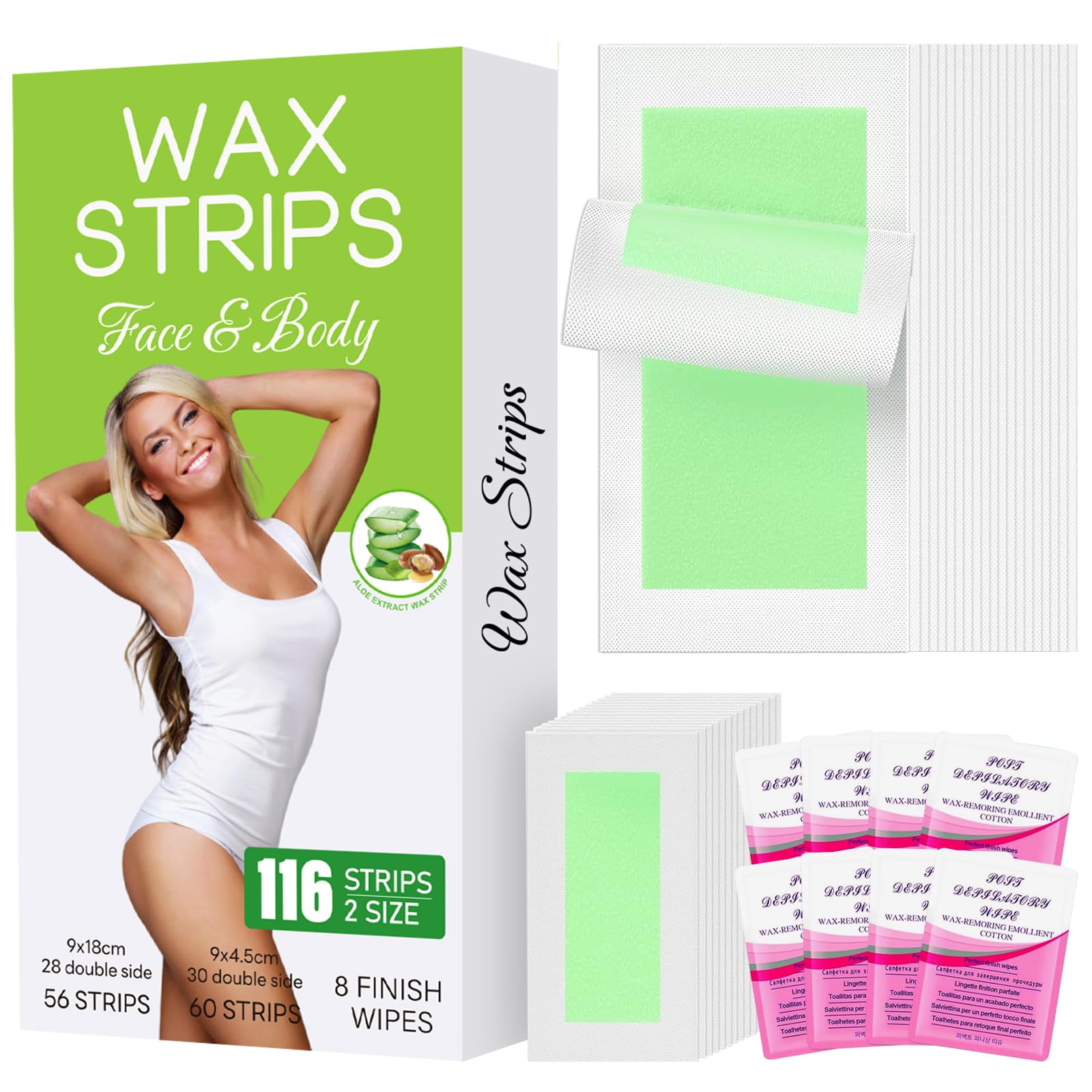 Photo 1 of 116PCS Wax Strips for Hair Removal, Facial Hair Removal For Women At Home Waxing Kit for Women Face and Body | 116 Waxing Strips & 8 Oil Wipes for All Skin Types