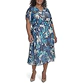 DKNY Womens Short Sleeve V-Neck Smocked Waist Lined Midi Dress