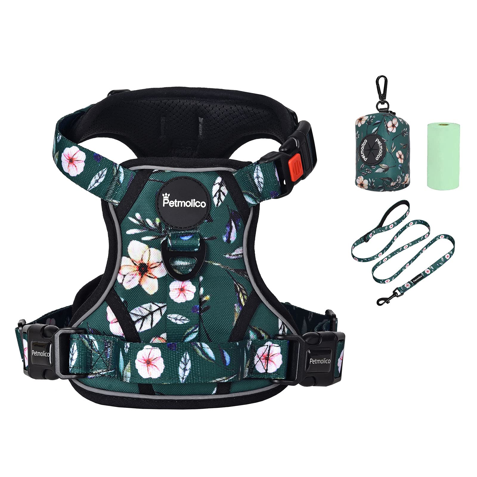 Petmolico No Pull Dog Harness Set with Leash Attachment Easy Control Handle Reflective Harness Vest Small Breed, Puppy Vest and Leash Set with Poop Bag Holder, Small - Green Rhododendron