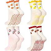 Jeyiour 4 Pairs Cute Pilates Socks with Grip for Women Cute Fruits Polka Dot Socks with Grips Non Slip Yoga Barre Crew
