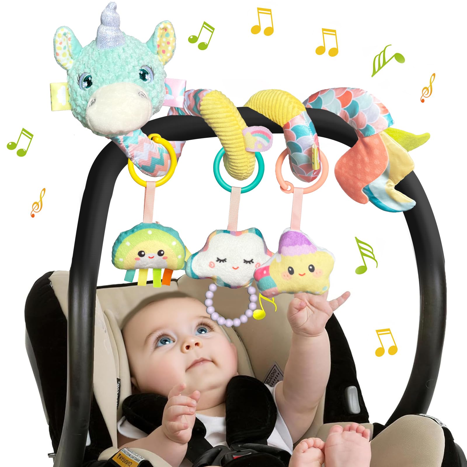 Kulveanju Baby Spiral Pram Toy 0-6 Months - Musical Plush Spiral Activity Hanging Toys for Babies Pushchair Stroller/Car Seat/Crib, Sensory Education Gifts for Newborn 6-12 Months Boys Girls, Blue