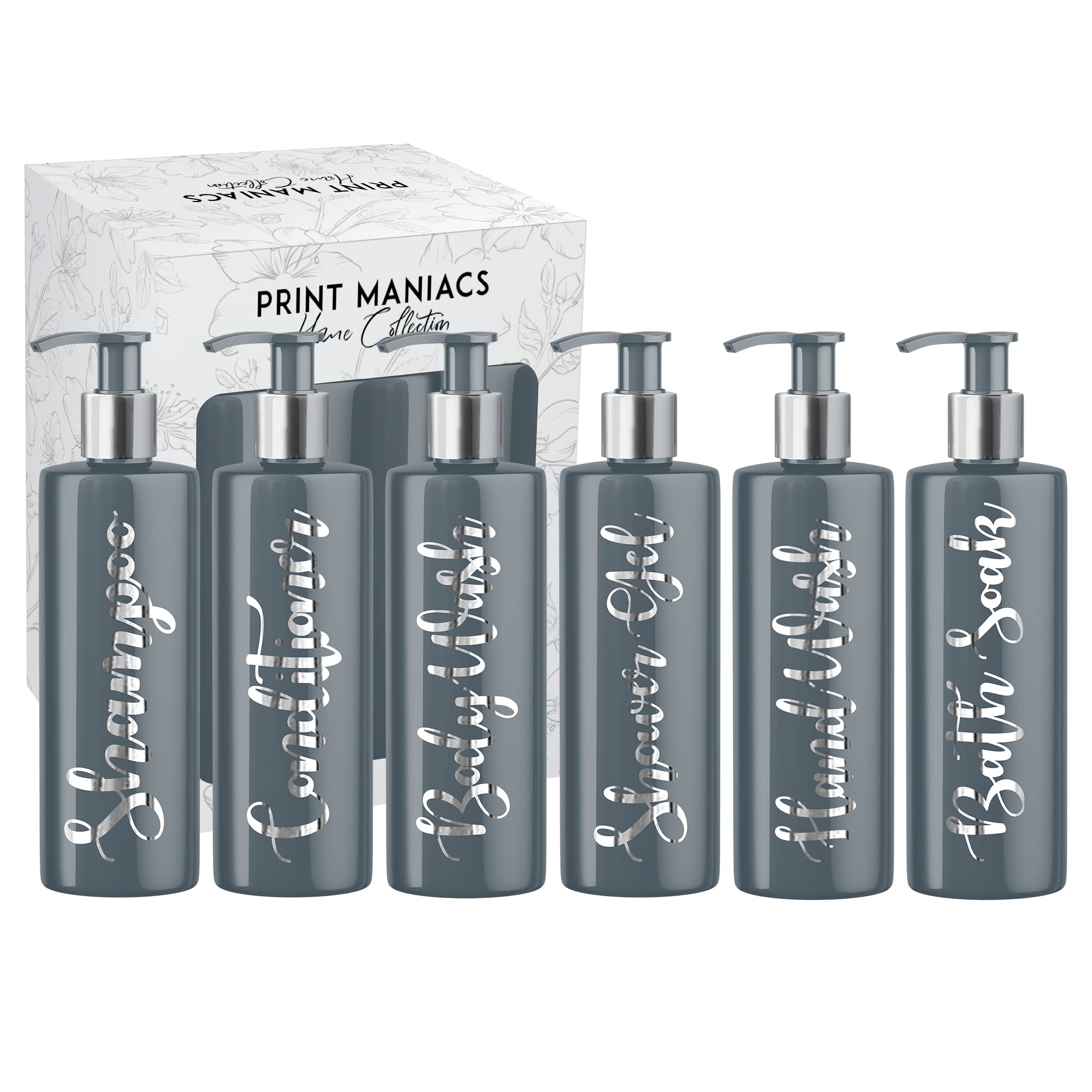 Print Maniacs Grey Mrs Hinch Inspired Personalised 500ml Pump Bottles Bathroom Lotion Kitchen Set Shampoo Conditioner Body Wash (Set 6) (Silver)