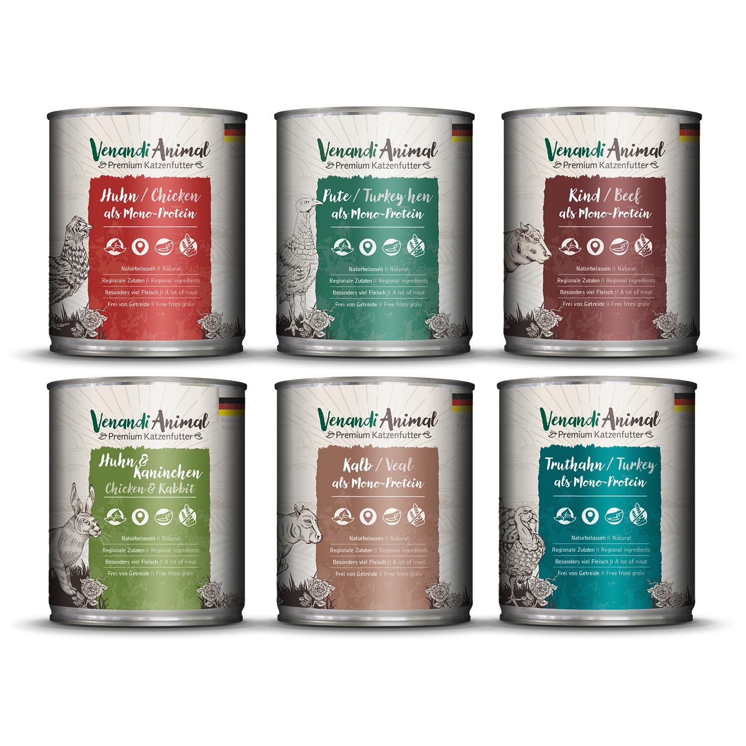 Venandi Animal Premium wet food for cats, trial pack III, chicken, turkey, beef, chicken + rabbit, veal, turkey, 6 x 800 g, grain-free and natural, 4.8 kg