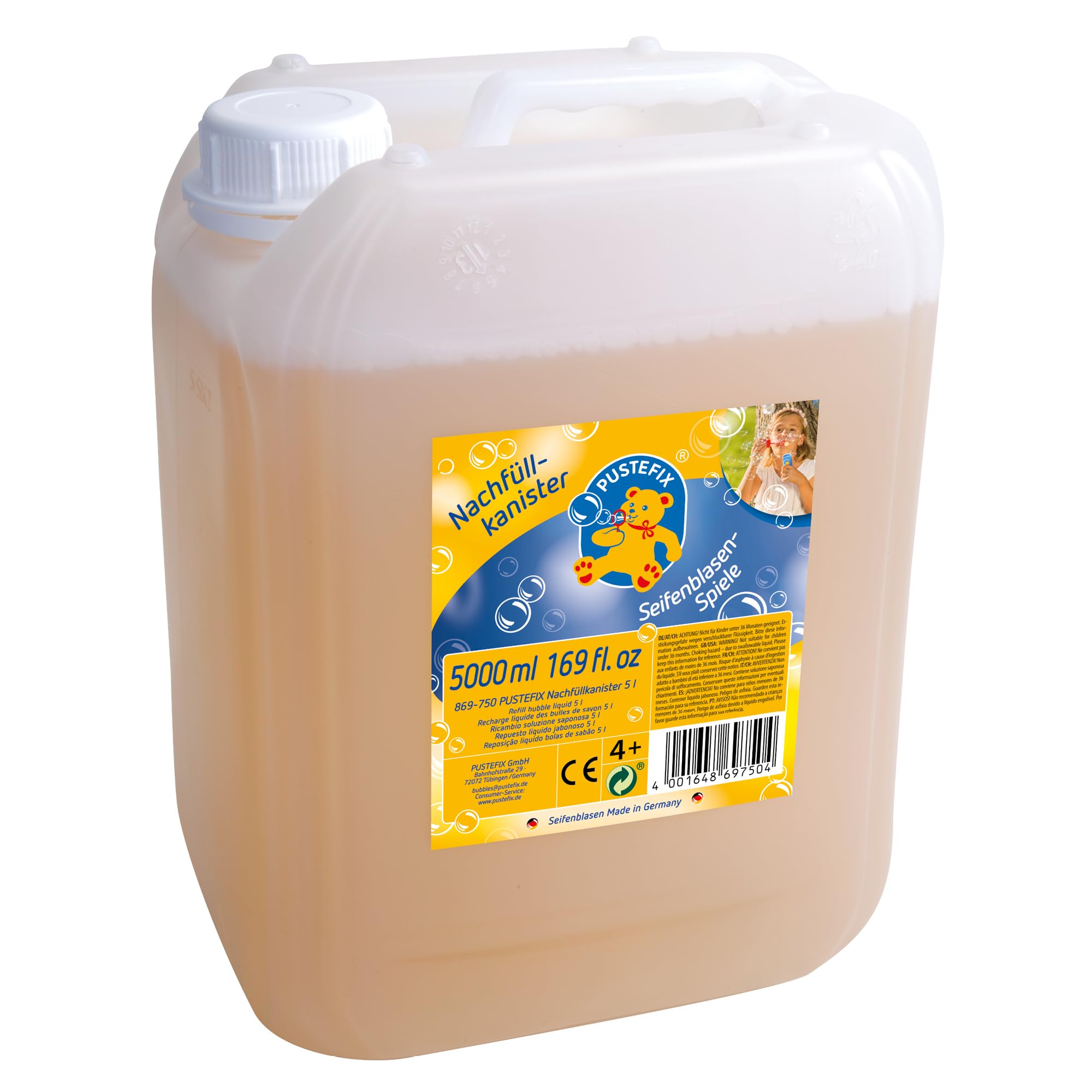 PUSTEFIX - 420869750 Nachfüllkanister I 5 l Seifenblasenflüssigkeit I Bunte Bubbles I Seifenblasen für Hochzeit, Kindergeburtstag, Sommerfest I Bunte Seifenblasen für Kinder & Erwachsene