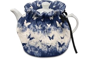 Freewander Cotton Tea Cosy Kitchen Tea Pot Dust Cover Insulated Tea Kettle Cover Teapots Lid Cotton Thick Extra Warm for Home Kitchen Decor Accessories, Blue Smoke Butterfly Design