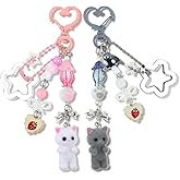 2Pcs Cute Cat Keychain Fuzzy Cat Keychain Y2K Heart Bow Pendant Star Butterfly Strawberry Bear Key Chain Aesthetic Y2K Key Ring Delicate Kitty Keychains Decor for Women Backpack Purse Phone Halloween