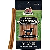 Redbarn Premium Bully Sticks for Dogs - 7 Inch, 6 Count - Long Lasting, Rawhide-Free, Slow Roasted, Low Odor & Highly Digestible, Single Ingredient Chews & All-Natural Dental Treats for Chewers