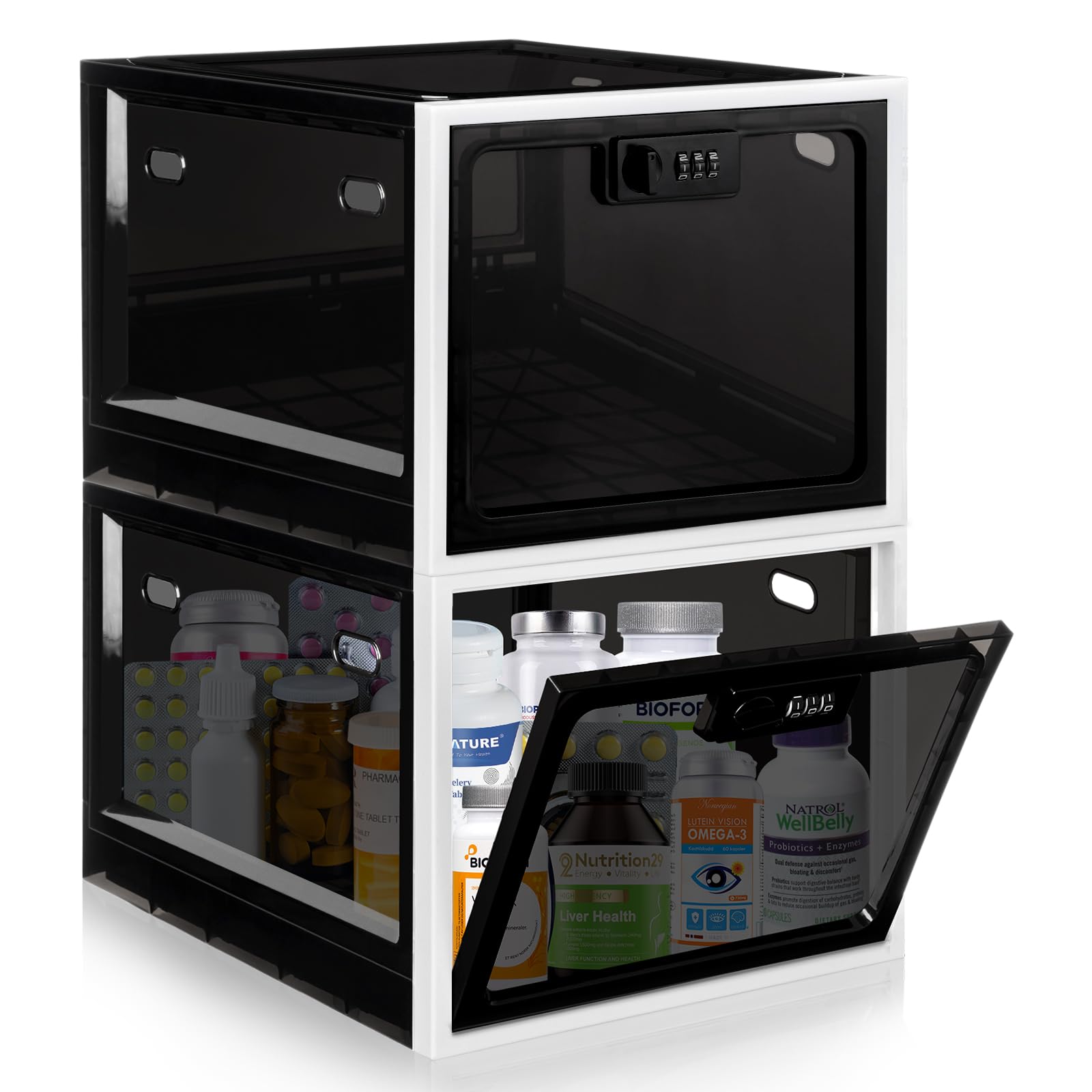 Photo 1 of Gemaxvoled 2 Pack Medicine Lock Box, Large Capacity Premium Material Lockable Storage Bin Organizer Box with Combination Code for Safe Medication/Fridge Food/Snacks/Phone/Tablet Jail(Black)