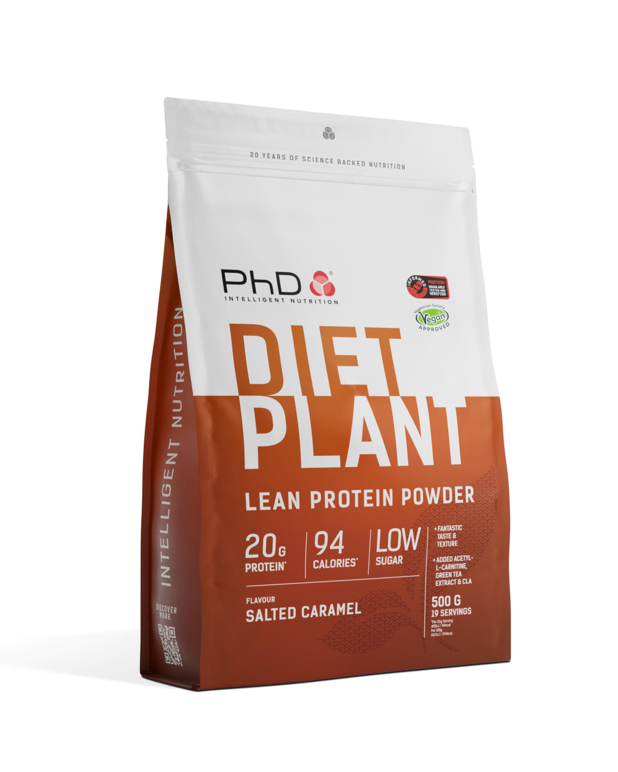 PhD Nutrition Diet Plant, Vegan Protein Powder Plant Based, Salted Caramel, High Plant Protein, 19 Servings Per 500g Bag