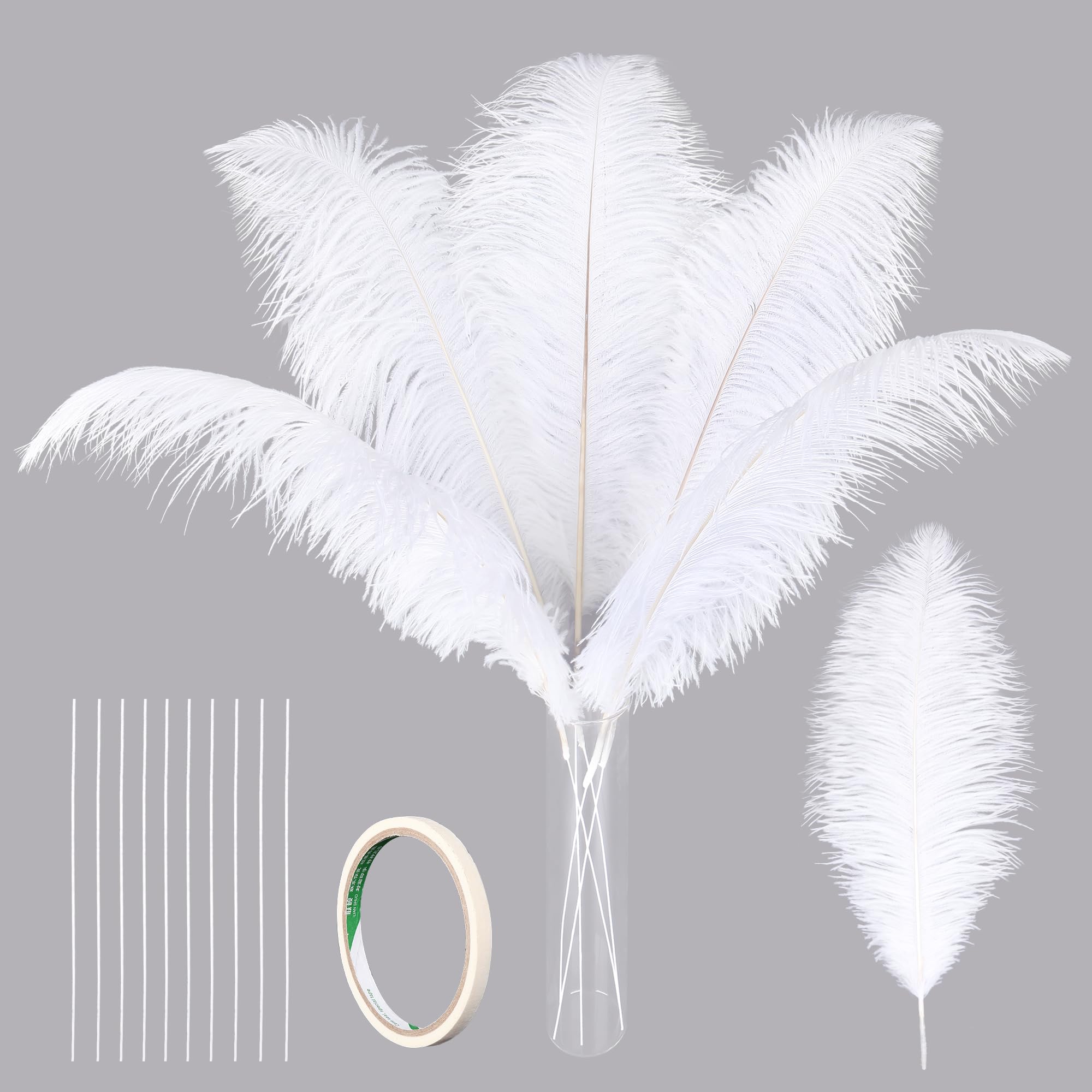 Crenze 10pcs Ostrich Feathers 12-14inch(30-35cm) with Extension Tubes for Home Wedding Decoration Offers 10 Colors (White)