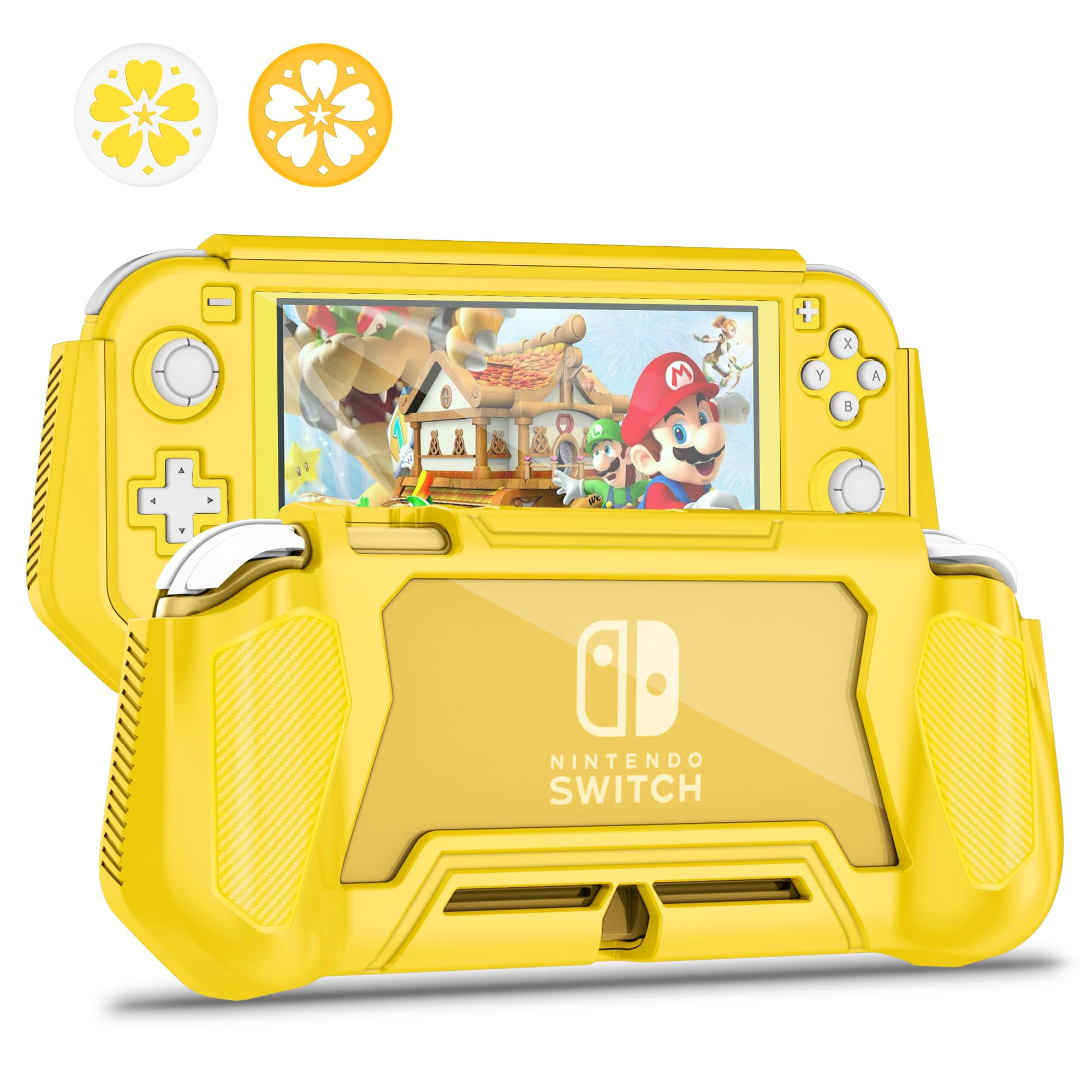 Photo 1 of Switch Lite Case Protective Case for Nintendo Switch Lite, Case Compatible with Nintendo Switch Lite Hand Grip Case with Detachable TPU+Built-in PC Screen Protector & 2 x Thumb Grip Caps (Yellow)