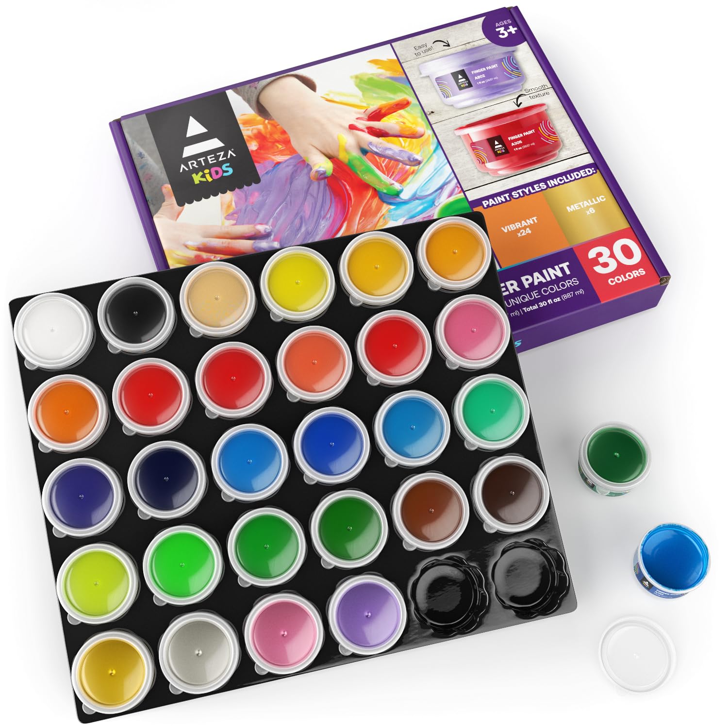 Arteza Finger Paints for Toddlers, Nontoxic, Set of 30 Colours, 1 fl oz Containers, Washable, Art Set, Art Supplies for Paper, Canvas & DIY Projects