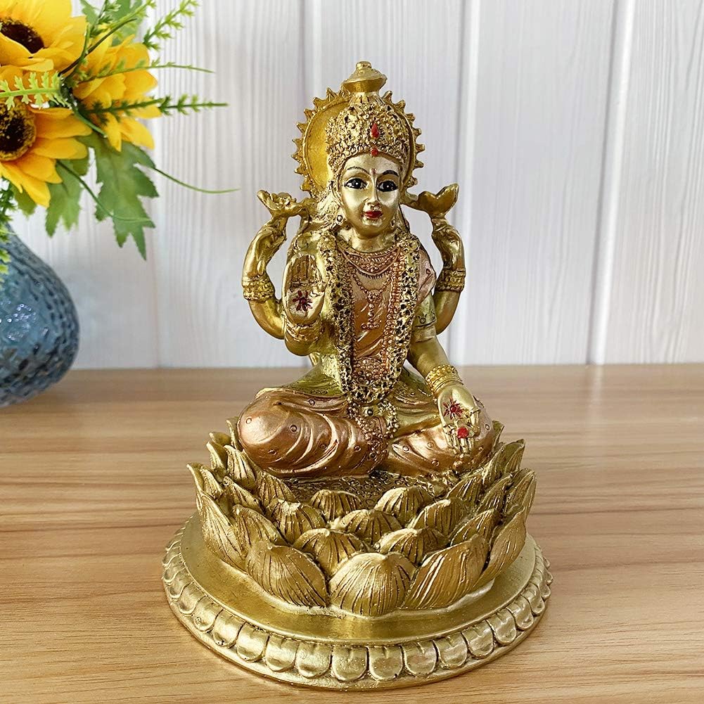 Hindu Goddess Laxmi Lotus Sculpture – Indian God Lord Lakshmi Puja Statue - India Murti Idol Figurine Pooja Item Diwali Gifts