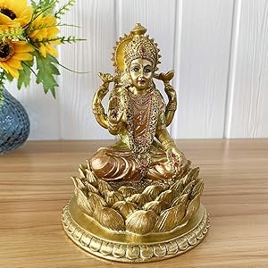 Hindu Goddess Laxmi Lotus Sculpture – Indian God Lord Lakshmi Puja Statue - India Murti Idol Figurine Pooja Item Diwali Gifts