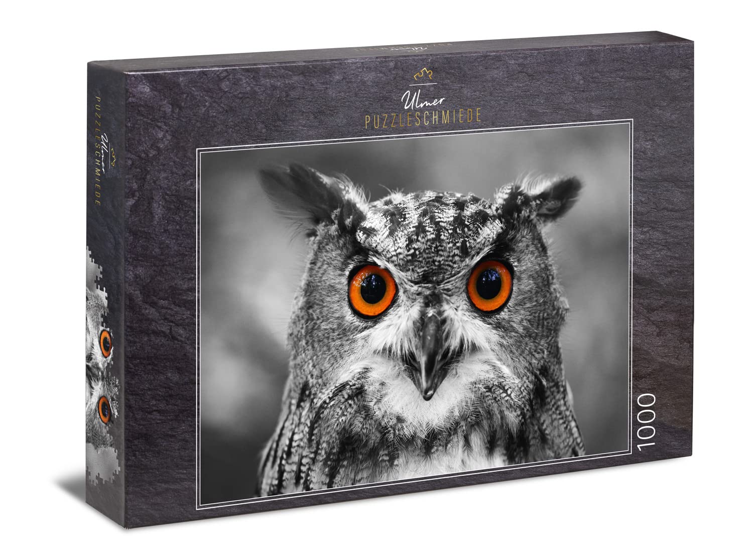 Ulmer Puzzleschmiede - Puzzle "Owl": 1000 pieces jigsaw puzzle - The eyes of the owl on black and white background