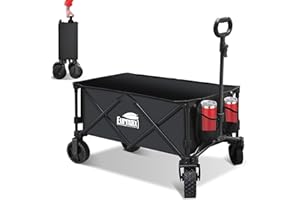 Eurmax USA Collapsible Outdoor Folding Wagon Cart All-Terrain Utility Wagon Heavy Duty Camping Patio Shopping Garden Sporting Wagon Cart with Side Bag & Cup Holder