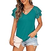 FREEOAK Womens Summer Tops Ruffle Sleeve with Lace Short Sleeve V Neck Shirts Casual Loose Fit T-shirts