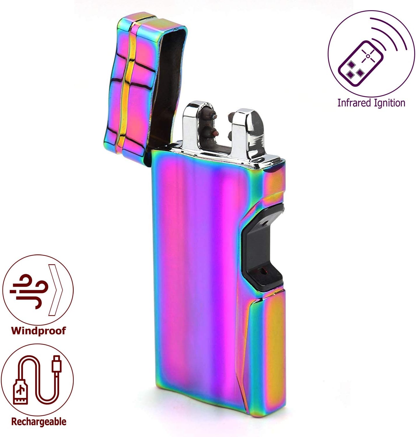 Elite Brands USA Dual Arc Rechargeable Windproof USB Lighter, Ideal for Smoking Cigar Cigarette Outdoor Camping Stoves Candles, Infrared Ignition, Electric Plasma Wave Lighter (Rainbow)