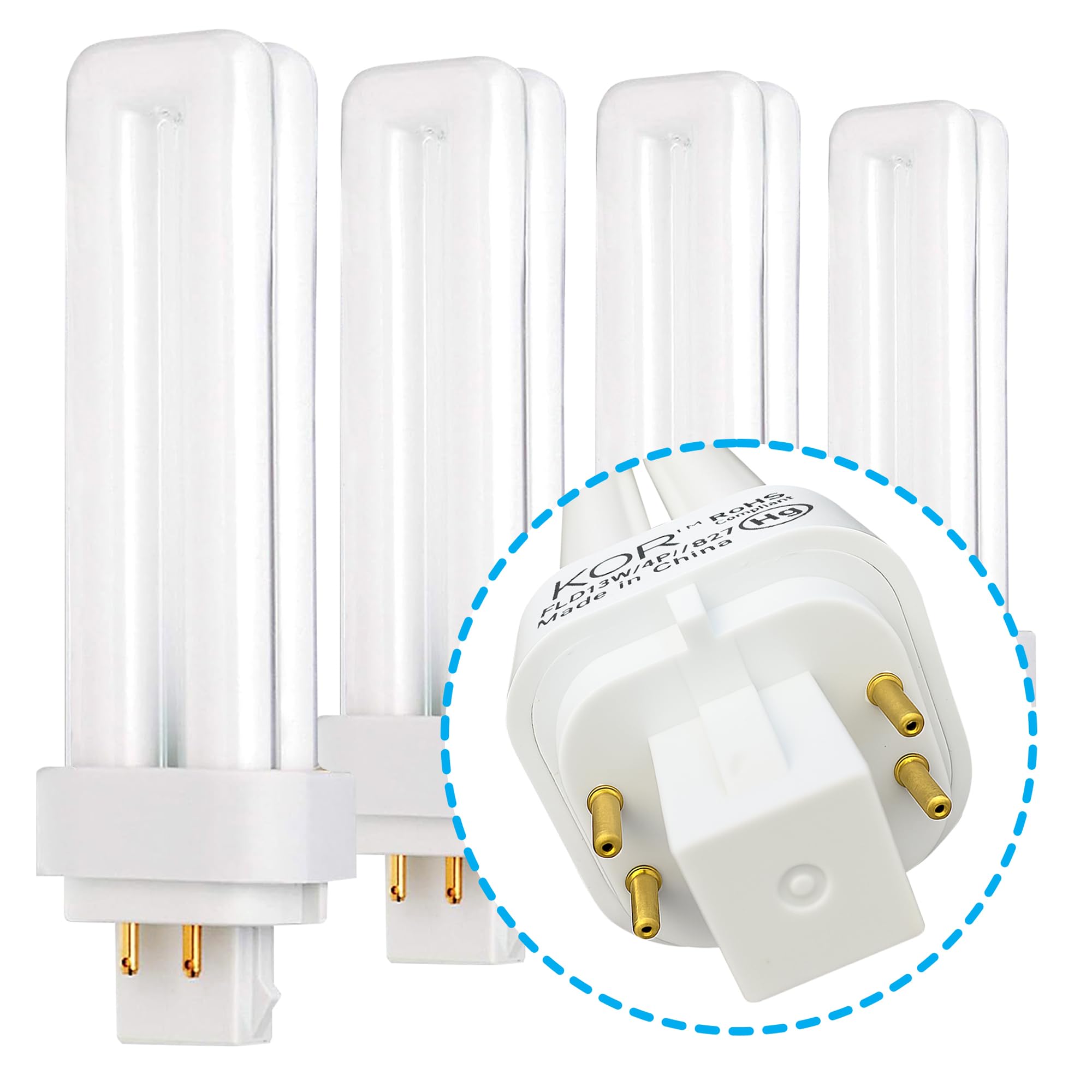 Photo 1 of KOR - 13 Watt Double Tube - G24Q-1 (4 Pin) Base, 2700K Warm White - CFL Light Bulb. Replaces Sylvania 20682 CF13DD/E/827 and GE 97594 F13DBX/827/ECO4P - 4 Pack (Warm White)
