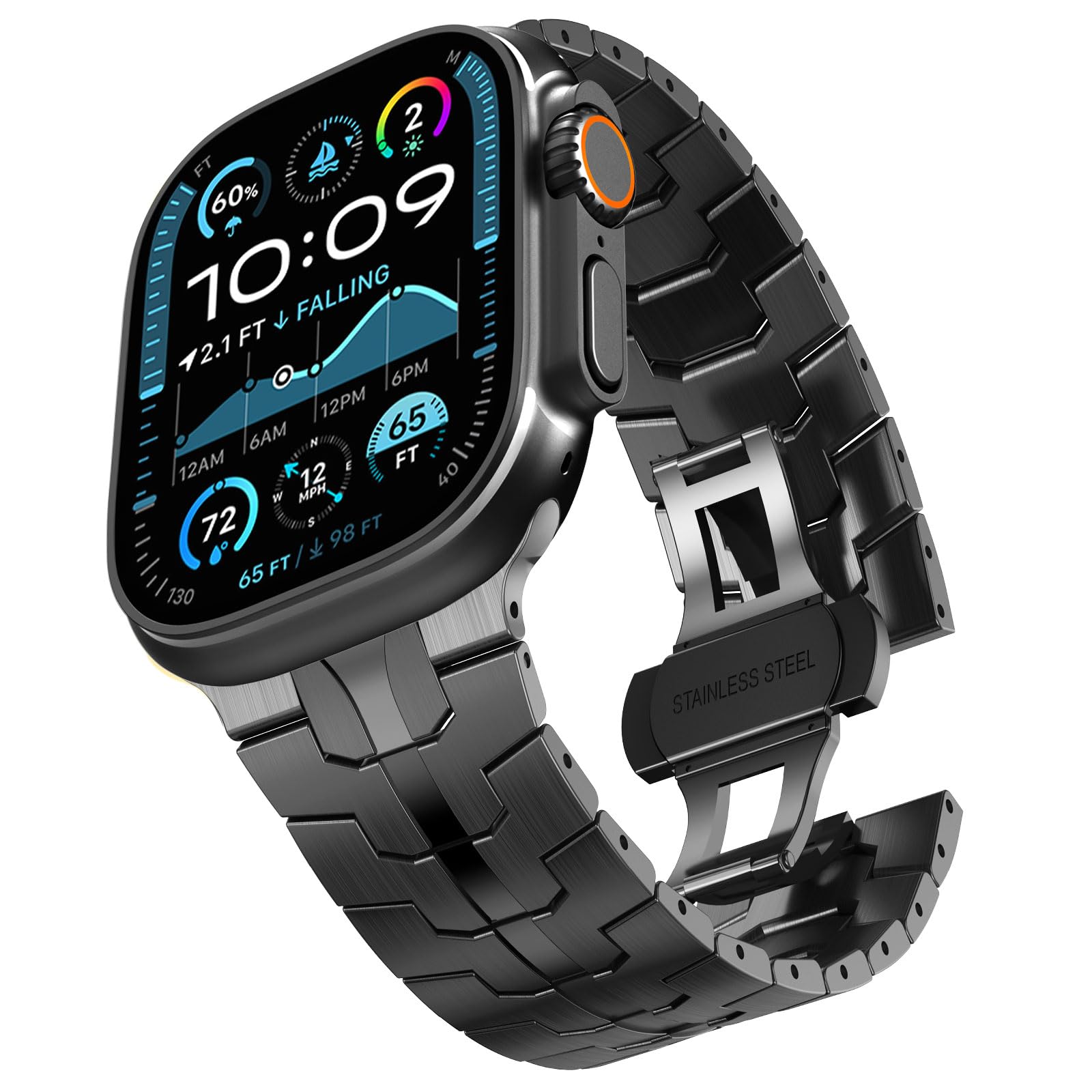 CHANCHY Stainless Steel Band for Apple Watch Band Apple Watch Ultra 3/2/1 Band 49mm, Series 11/10 46mm, 9/8/7 45mm, SE3/SE2/SE 6/5/4 44mm, 3/2/1 42mm, Metal Strap with Folding Clasp for Men, Black