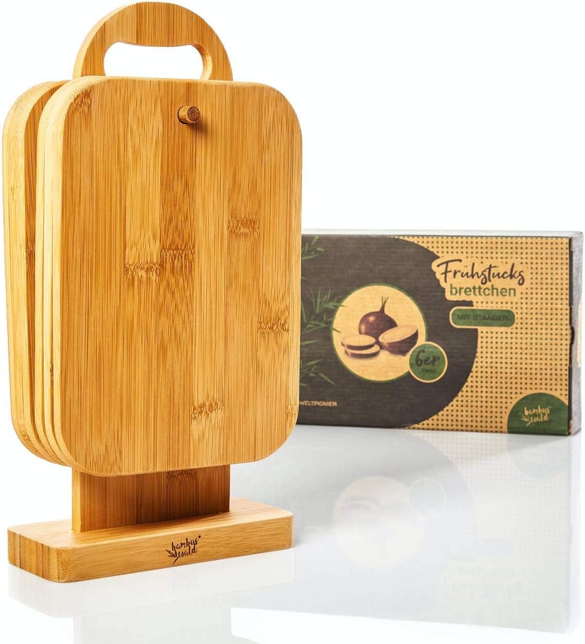 bambuswald© ökologisches 6er Set Frühstücksbrettchen mit Ständer | 100% nachhaltiger Bambus - Frühstücksbretter Schneidebretter Brettchenständer Holzbrett