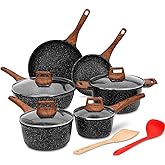 ESLITE LIFE Nonstick Cookware Sets, 12 Pcs Granite Coating Pots and Pans Set Kitchen Cooking Set, Compatible with All Stovetops (Gas, Electric & Induction), PFOA Free, Black
