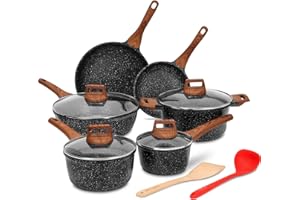 ESLITE LIFE Nonstick Cookware Sets, 12 Pcs Granite Coating Pots and Pans Set Kitchen Cooking Set, Compatible with All Stovetops (Gas, Electric & Induction), PFOA Free, Black