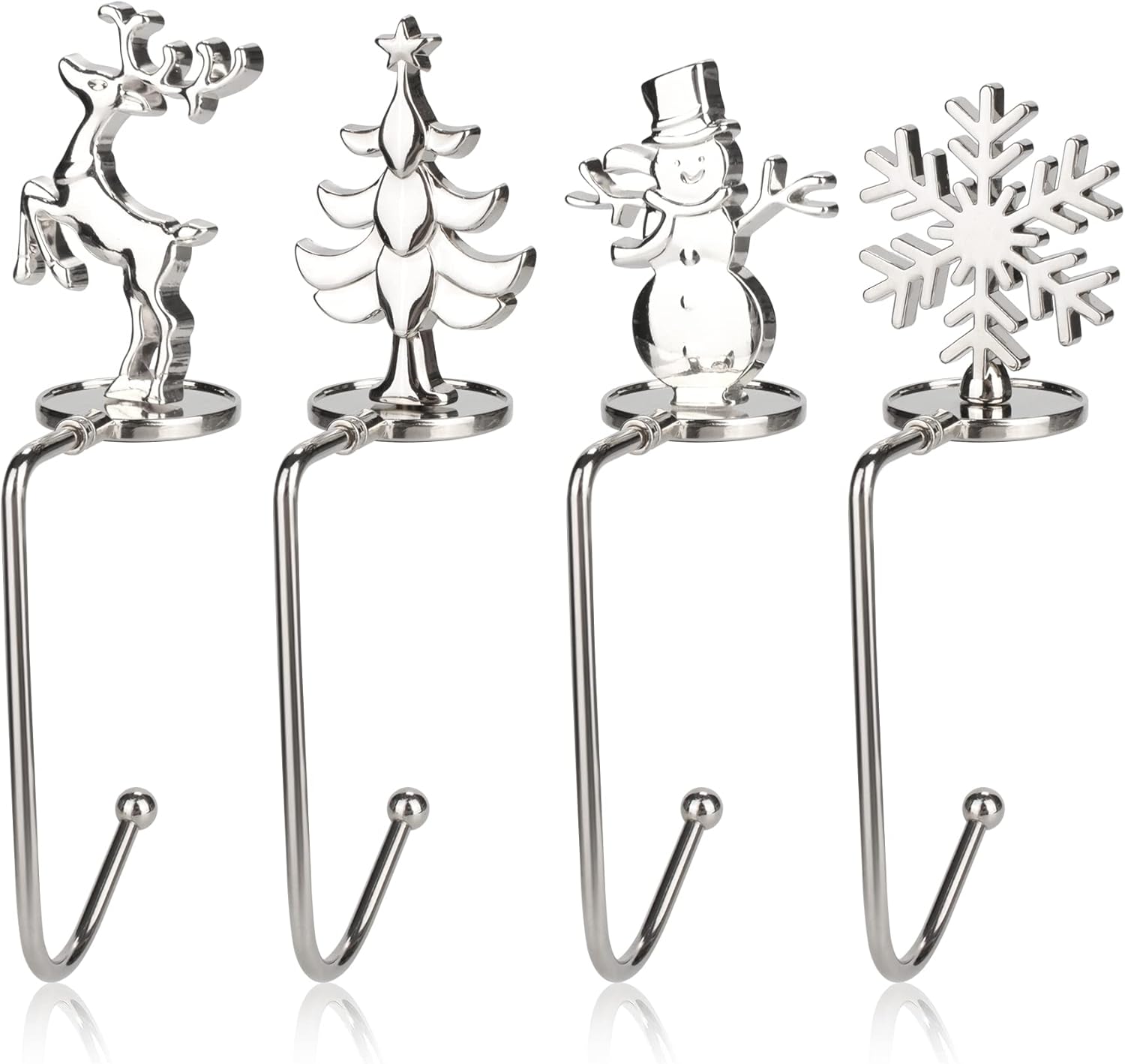 Stockings & Holders - Christmas Stocking Holders, Set of 4 Snowflake Reindeer Christmas Tree Snowman Silver Stocking Holder, Festive Christmas Stockings Hanger for Mantel, Stocking Hooks for Fireplace Shelf Christmas Decor
