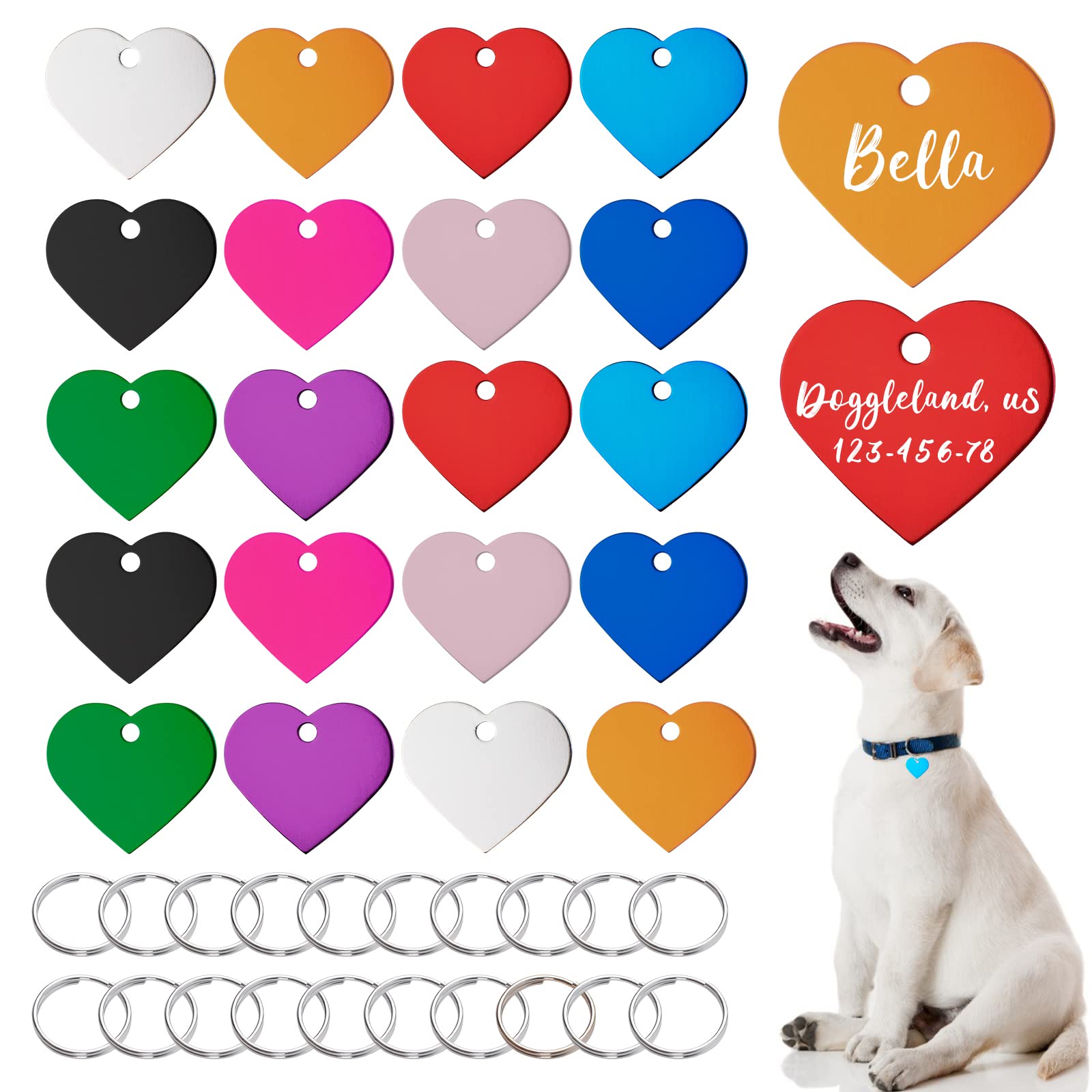 HACRAHO Blank Dog Tags, 20 PCS Colorful Pet Heart ID Tags with Keyrings Aluminum Pet Name Phone Number ID Craft Tags with Holes for Dogs Cats Pets