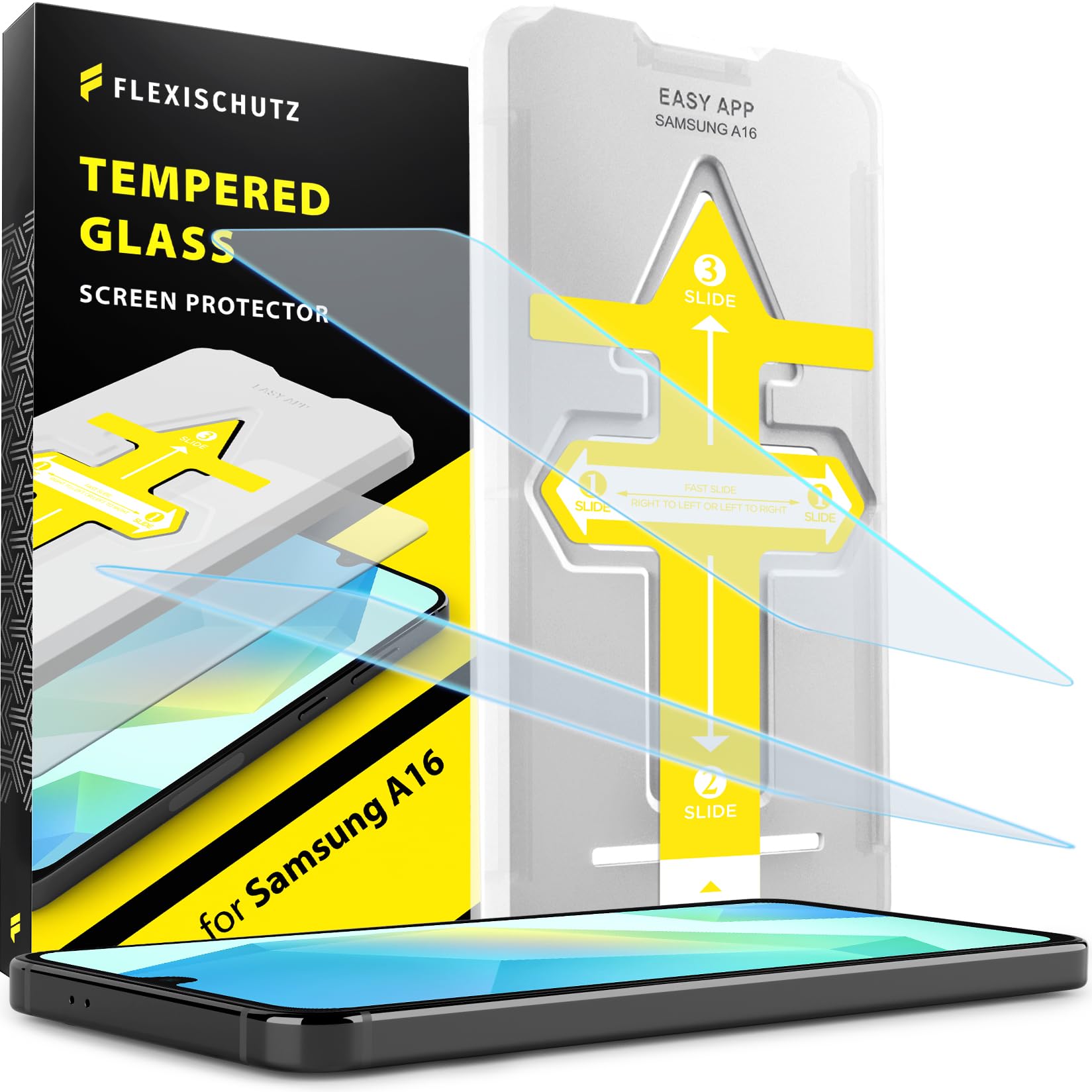Photo 1 of FlexiSchutz® for Samsung Galaxy A16 5G/4G Screen Protector with Installation Tool, Tempered Glass for Samsung A16 5g Screen Protector, HD Clarity, Buble Free, Anti Scratch [2 Pack]