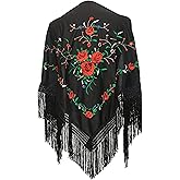 AMINA Medium Peak Shawl Triangular Flamingo or Sevillanas (170 x 70 cm) Black Embroidered Red/Green