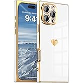 IAIYOXI Case for iPhone 15 - Rectangle Design, Full Camera Protection, Cute Heart Pattern, Electroplated Reinforced Corners, Shockproof Edge Bumper,Compatible with iPhone 15,White