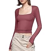 PUMIEY Women's Square Neck Long Sleeve T Shirts Slim Fit Tops Basic Tee Smoke Cloud Pro Collection