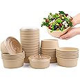 Wuadua 25 oz 50 Pack Paper Containers with Lids Kraft Disposable Paper Bowls with Lids, Round Shape Bowls Kraft Bowl for Soup Stews Salad Frozen Dessert Yogurt Ice Cream