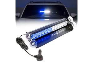 BooYu 14.8in LED Windshield Emergency Strobe Dash Light Bar 12/24V Interior Visor Deck Flashing Hazard Safety Warning Lights for Police Law Enforcement POV Trucks Vehicles [Blue/White][12 LEDs][18W]
