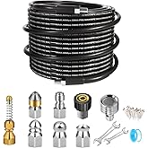60FT Sewer Jetter Kit for Pressure Washer, 5800PSI Drain Cleaner Hose 1/4 Inch NPT Corner, Rotating Button and Spray Sewer Jetting Nozzle, Water Jet Drain Cleaner Spanner Tape Pearl Corsage Pin