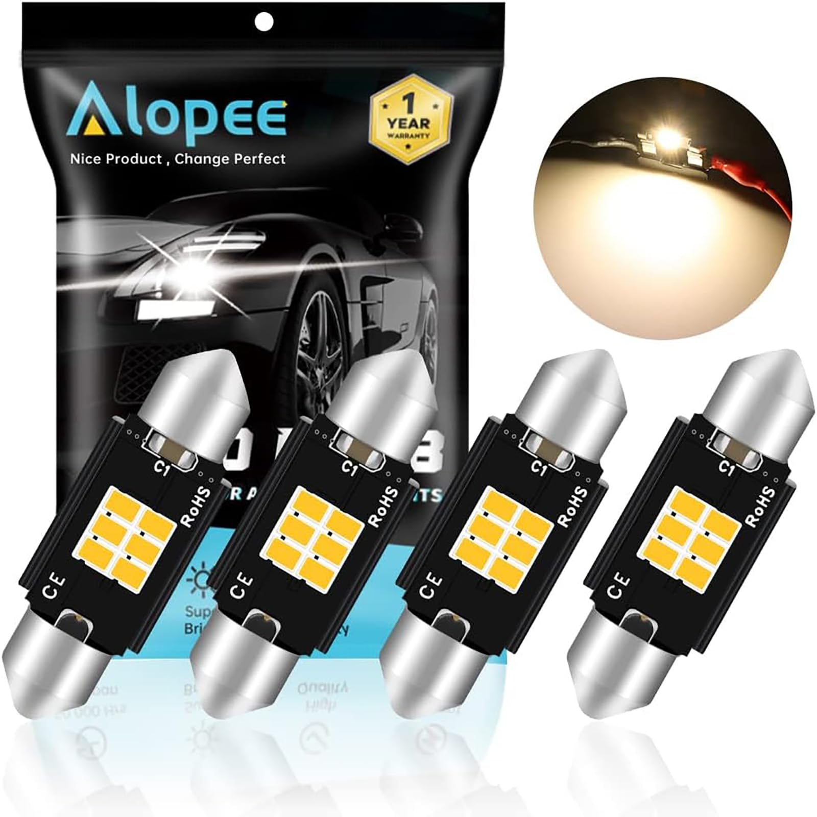 Alopee 4-Pack 1.72” 41MM 211-2 569 578 Warm White 400 Lumens 3020 Chipset 6SMD Non-Polarity Canbus Error Free LED Festoon Bulbs for Interior Car Lights License Plate Dome Map Door Courtesy Light