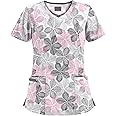 Printed Scrubs Top for Womens Medical Proffesional V Neck Short Sleeve Working Shirts Plus Size with Pockets