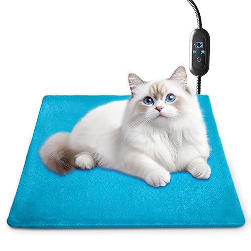 Pet Heating Pad with 6 Adjustable Temperature Settings, Heated Cat Mat with Built-In Smart Thermostat, Chew-Resistant Cord, Removable & Washable Plush Cover, Waterproof Material, 17.7 x 17.7 In