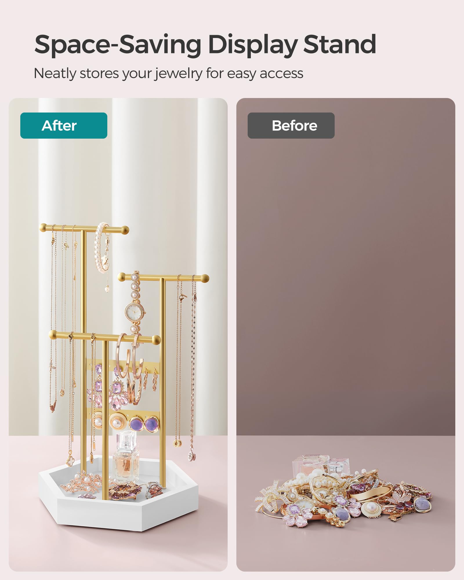 SONGMICS Jewelry Holder, Jewelry Organizer, 3 Tiers and 1 Tray, Jewelry Display Stand with Metal Frame, Necklace Earring Bracelet Holder, for Rings, Pale Gold and White UJJS003A01