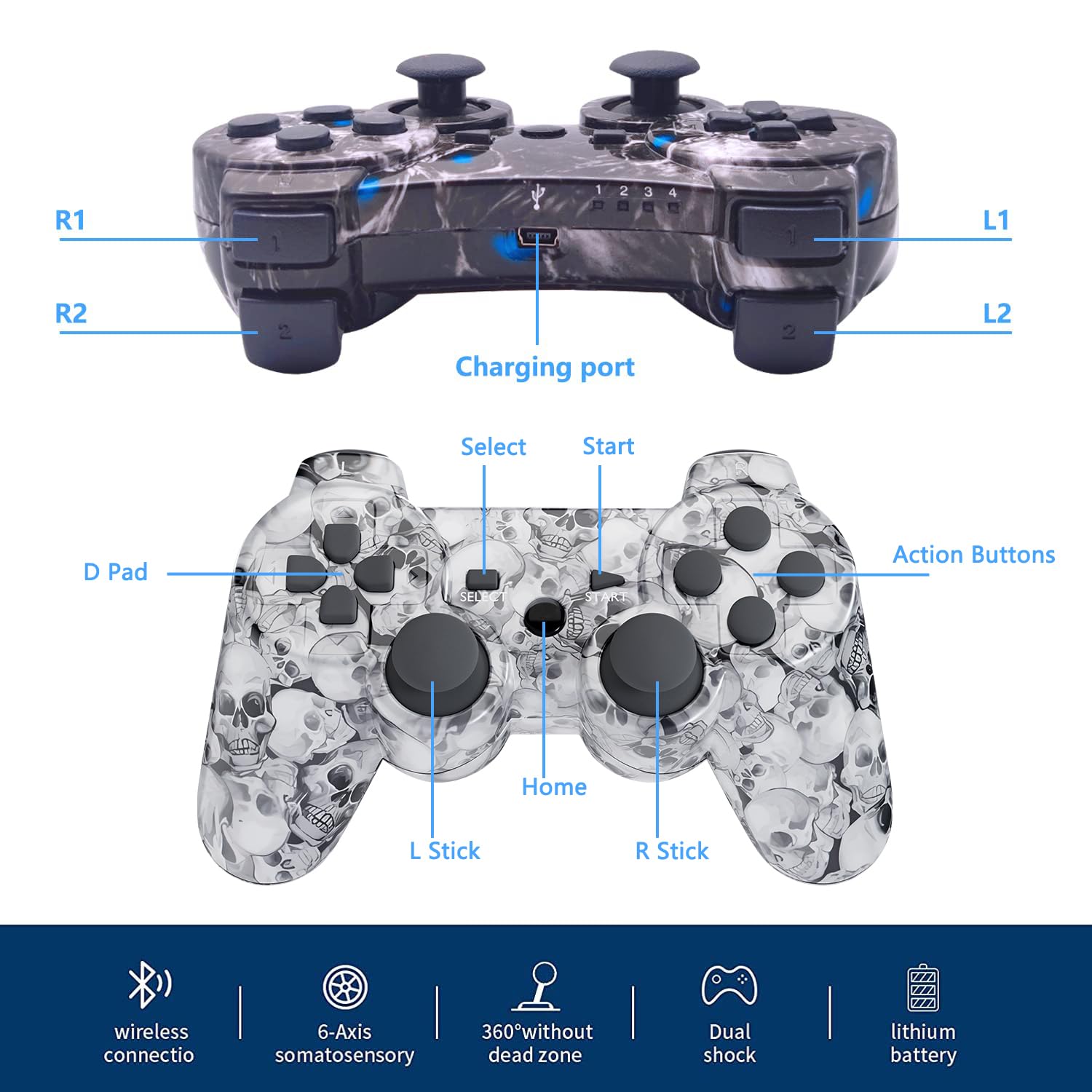 Controller for PS-3 Wireless, Gaming Remote Joystick for Play 3 with Charger Cable Cord (Black Ghost, White Skull)