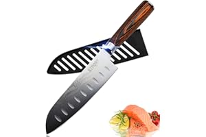 KITORY Santoku Knife 7 Inch Chef Knife Damascus Pattern Kitchen Vegetable Knife with Sheath, Multifunctional Asian Knife, Erg