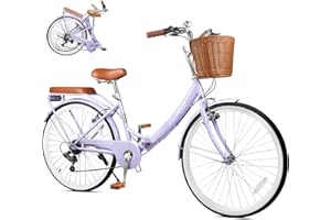 EISYROOD 26Inch Foldable Beach Cruiser Bike for Women, Womens Folding Bike with Basket, 7 Speed Hybird Commute Bicycles with Cushion, V-Brakes, Quick Install for Adults, Womens (Purple)