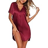 Ekouaer Women's Satin Nightshirt Button Down Sleepshirt Silk Short Sleeve Nightgown V Neck Sleepwear Night Shirts