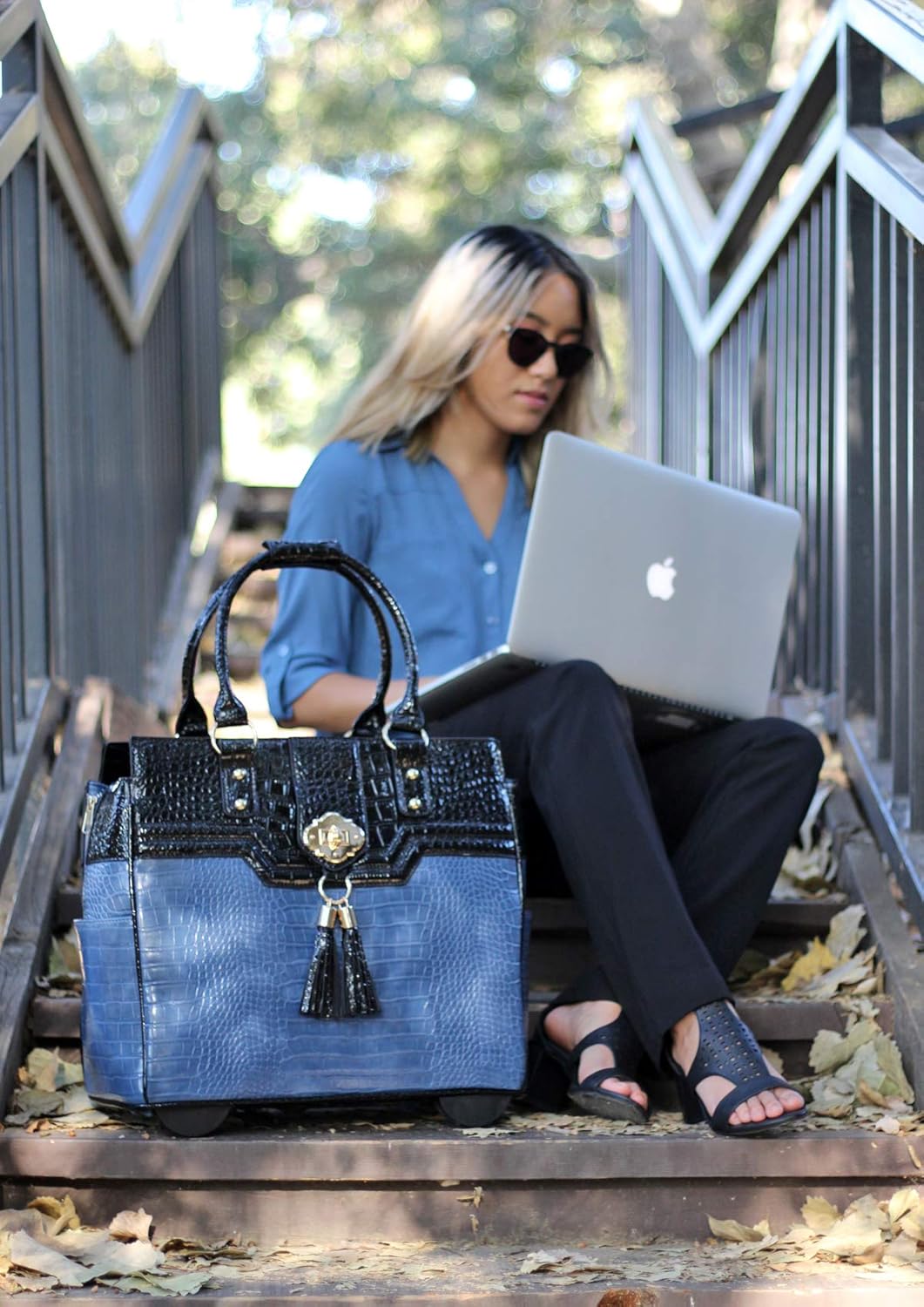 "The Oceanside" Blue & Black Alligator Compatible With Computer iPad, Laptop Tablet Rolling Tote Bag Briefcase Carryall Bag