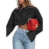 Remidoo Women's Casual Striped Cropped Button Down Shirt Long Sleeve Crop Top