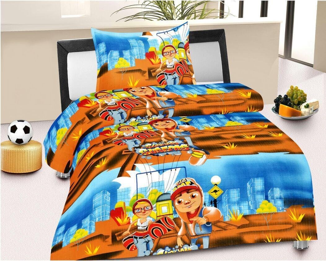 Fresh From Loom Cartoon Design Subway Surfers Cotton Single Bed Bedsheet with 1 Pillow Cover (60x90-inches)